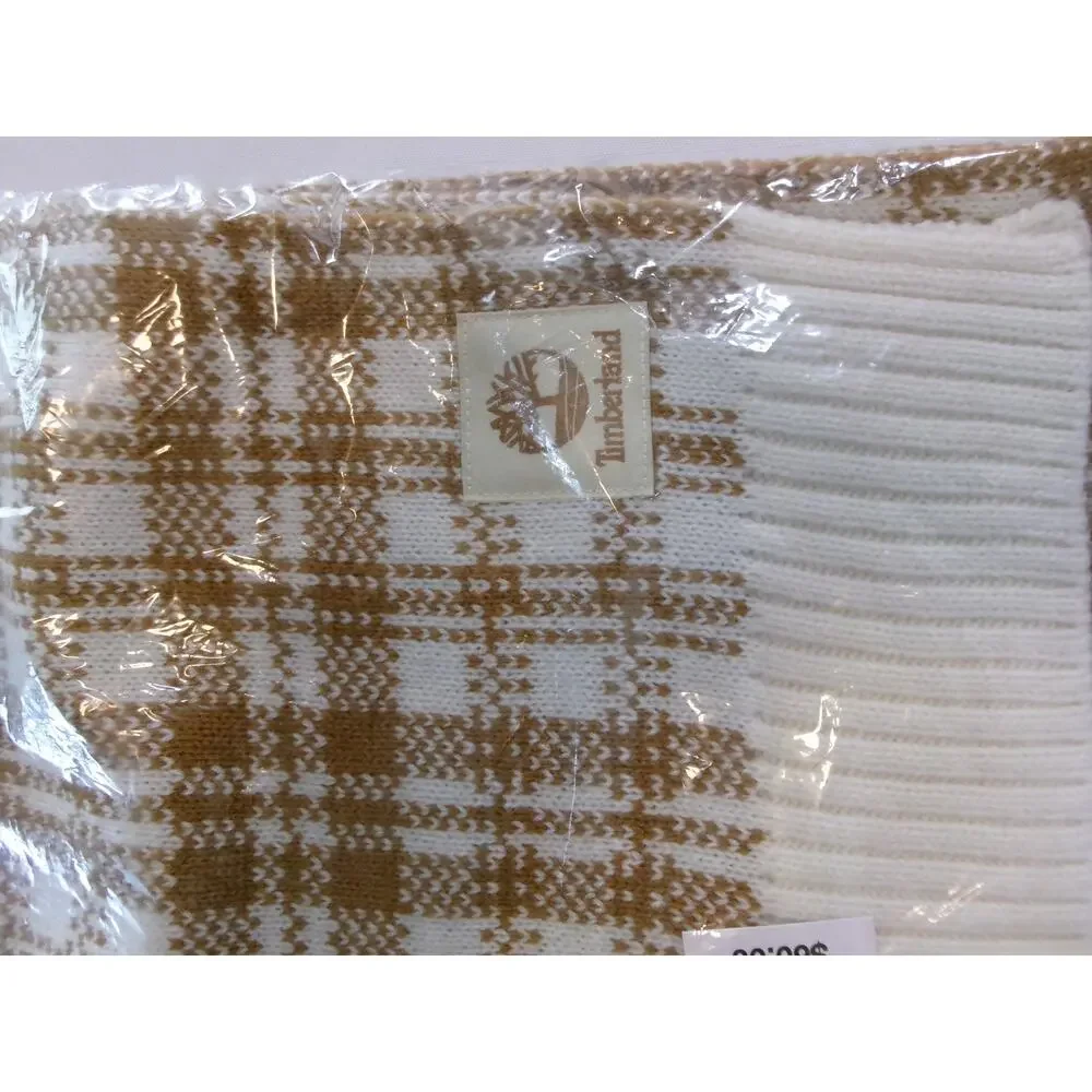 Timberland Buffalo Plaid Knit Scarf Cream Wheat Tan Logo NWT  One Size